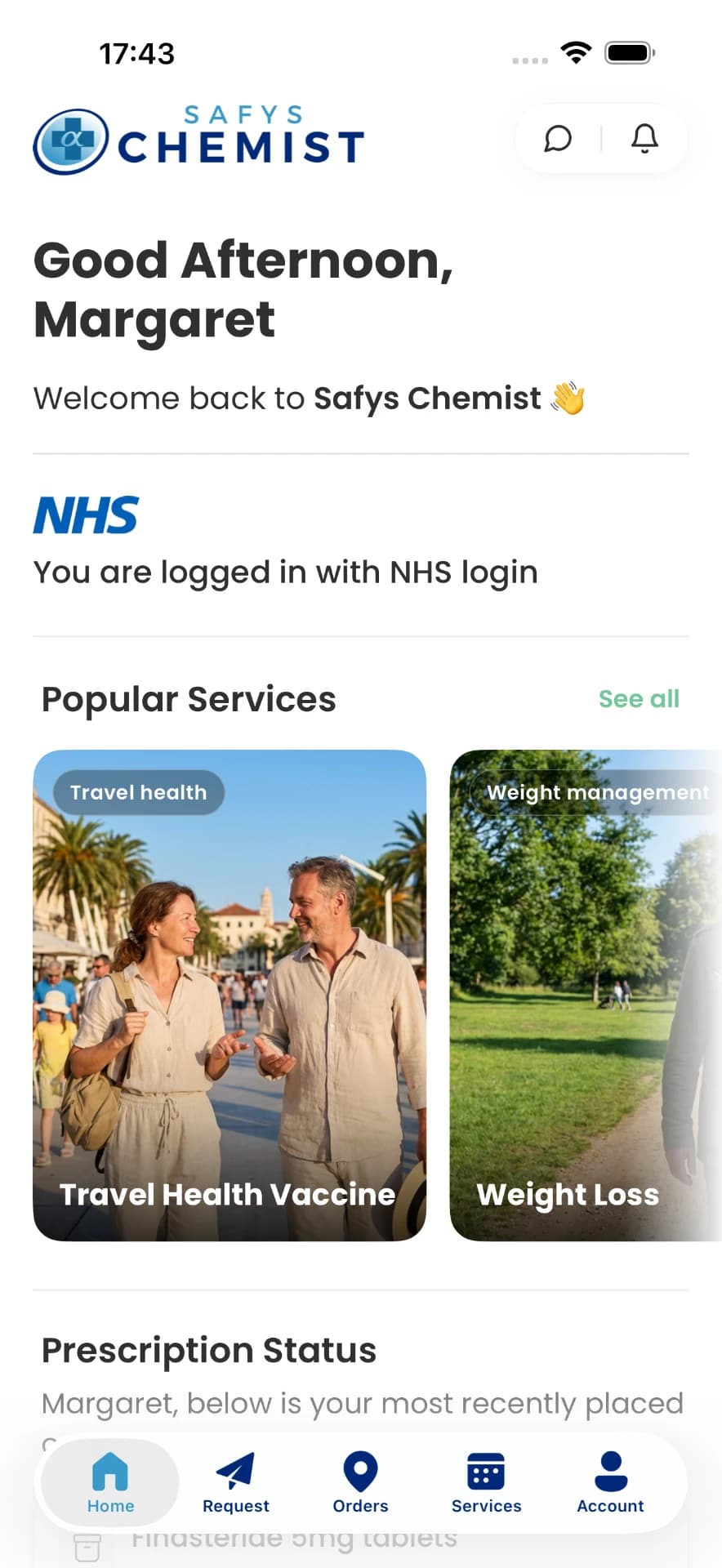 The Safys Chemist app home screen showing popular services and prescription status