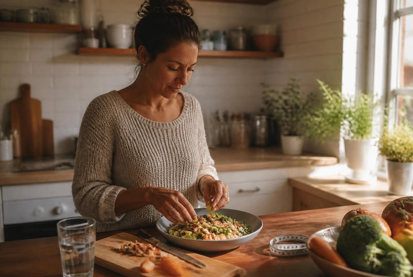 A woman preparing a healthy meal at home